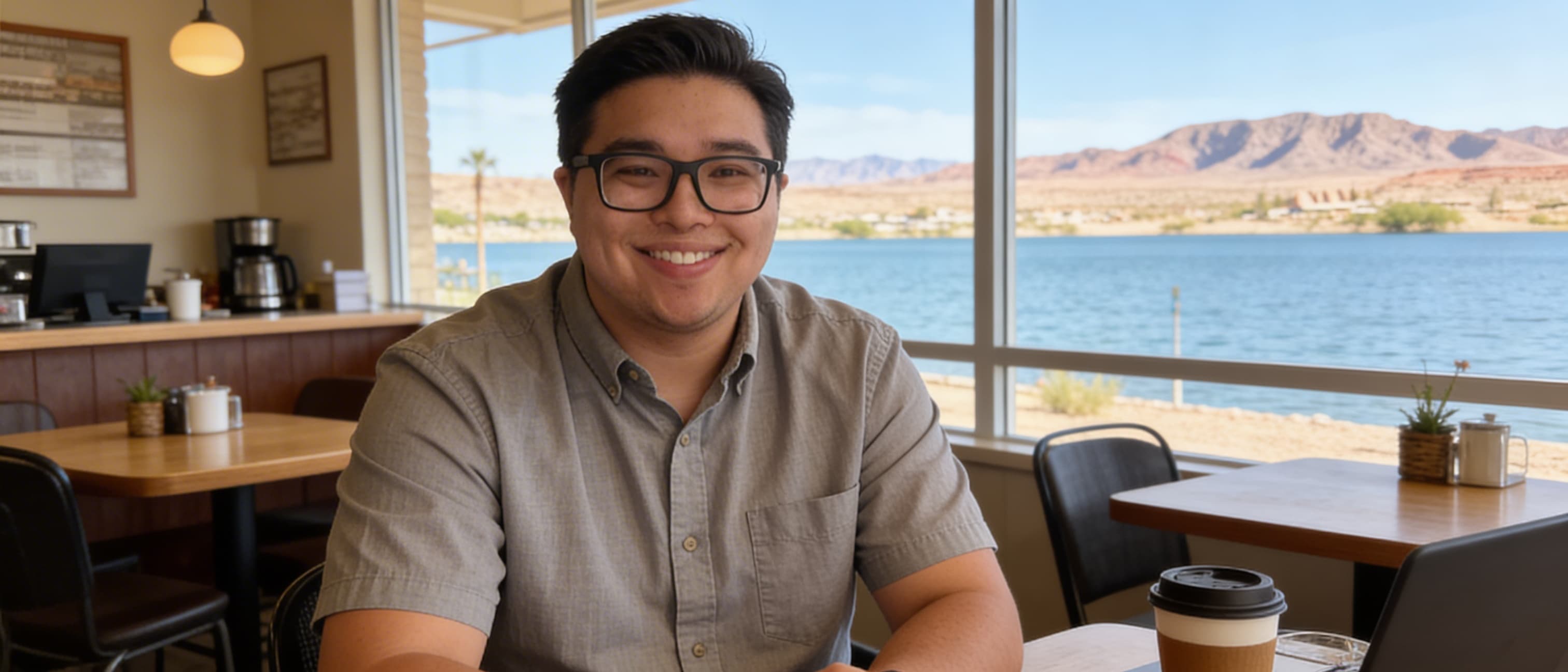Derek at a Lake Havasu coffee shop with the lake and mountains visible through the window