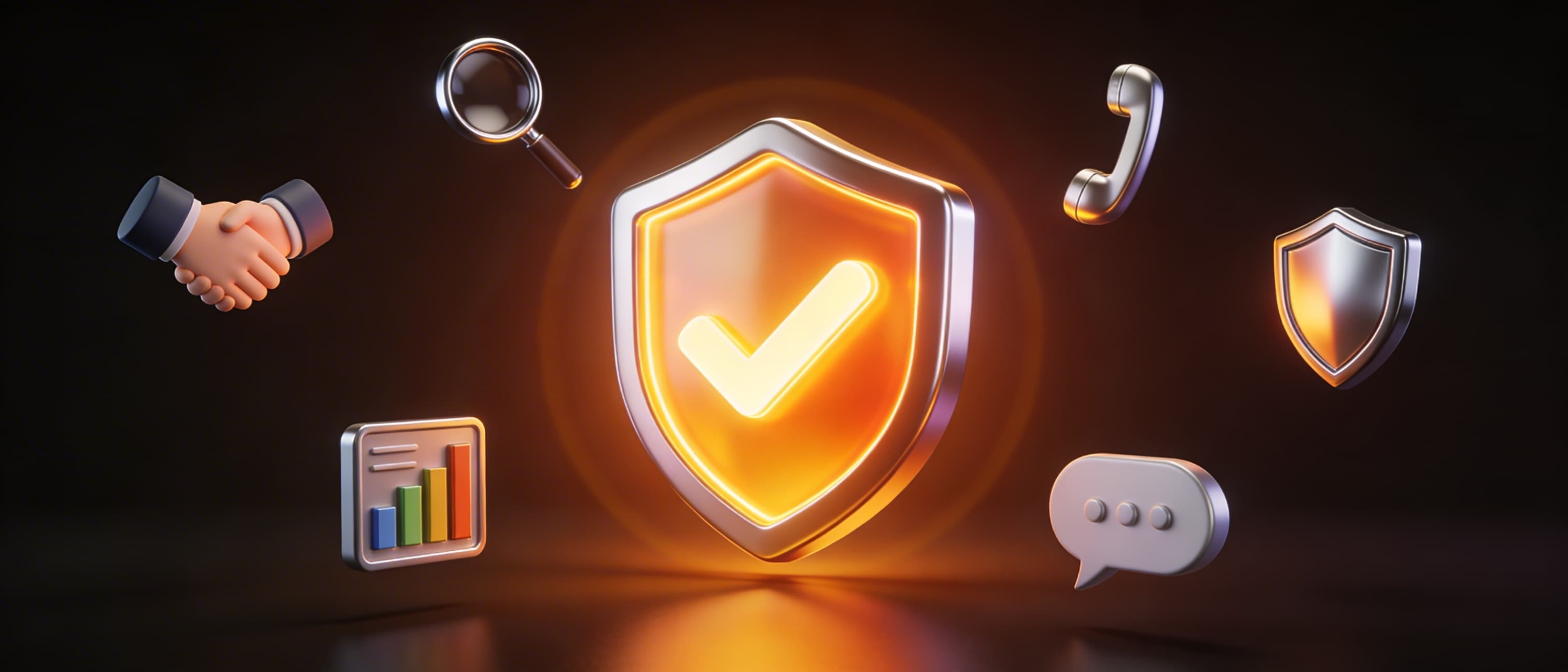A glowing shield with checkmark surrounded by trust icons — representing standards and reliability